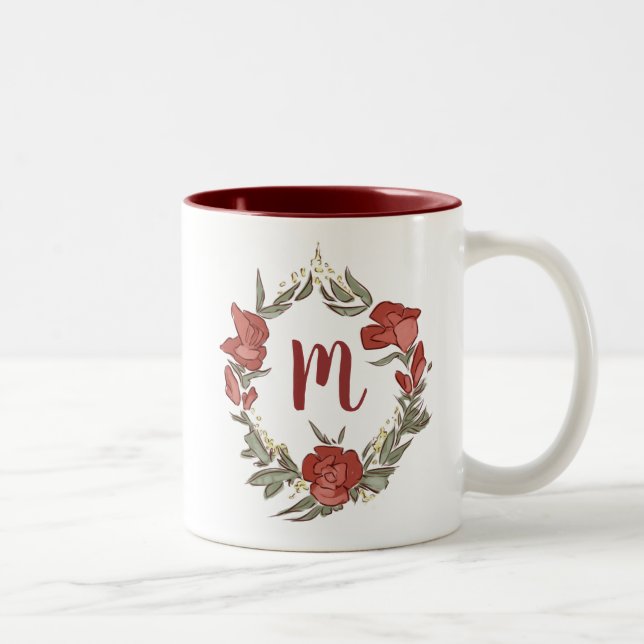 Tasse 2 Couleurs Joli Rosebud Blossom Wreath Monogramme moderne (Droit)