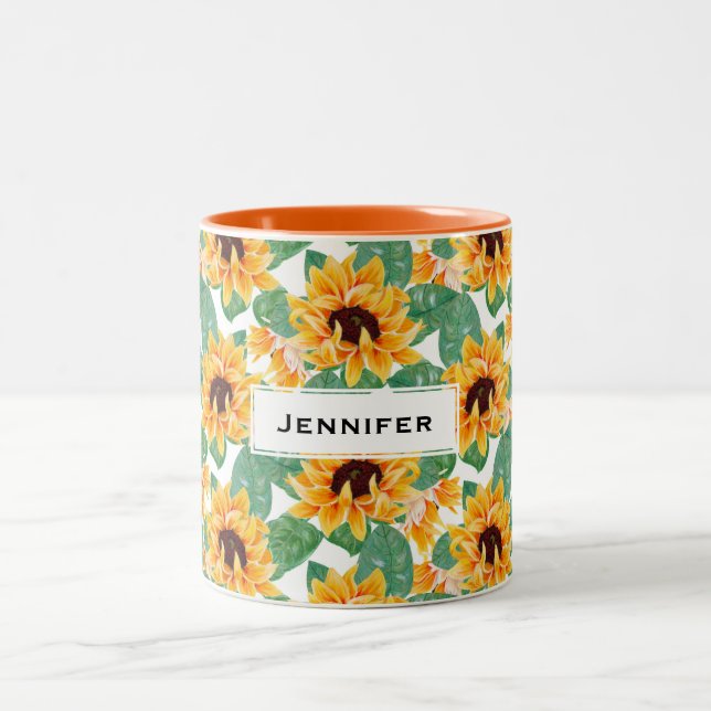 Tasse 2 Couleurs Joli tournesol Jaune et Motif vert (Centre)
