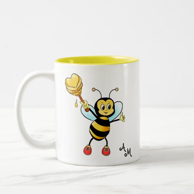 Tasse 2 Couleurs Jolie abeille avec cœur et monogramme (Gauche)