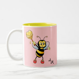 Tasse 2 Couleurs Jolie abeille avec cœur et monogramme sur fond ros
