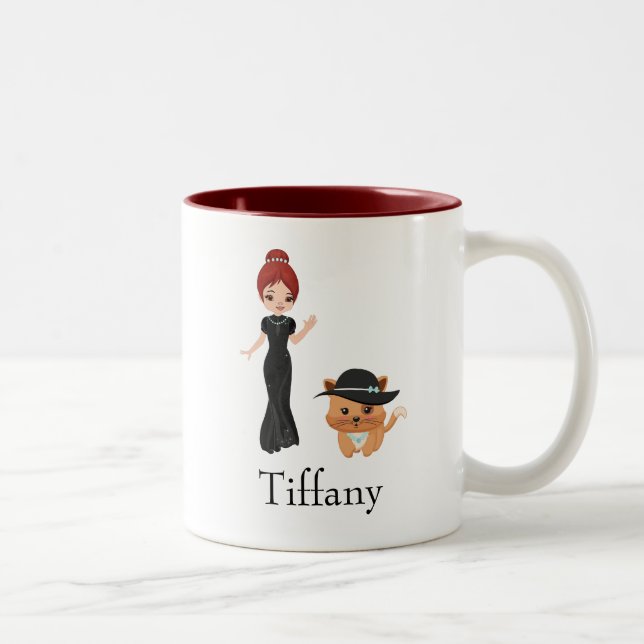 Tasse 2 Couleurs Jolie femme Red Head avec chat (Droit)