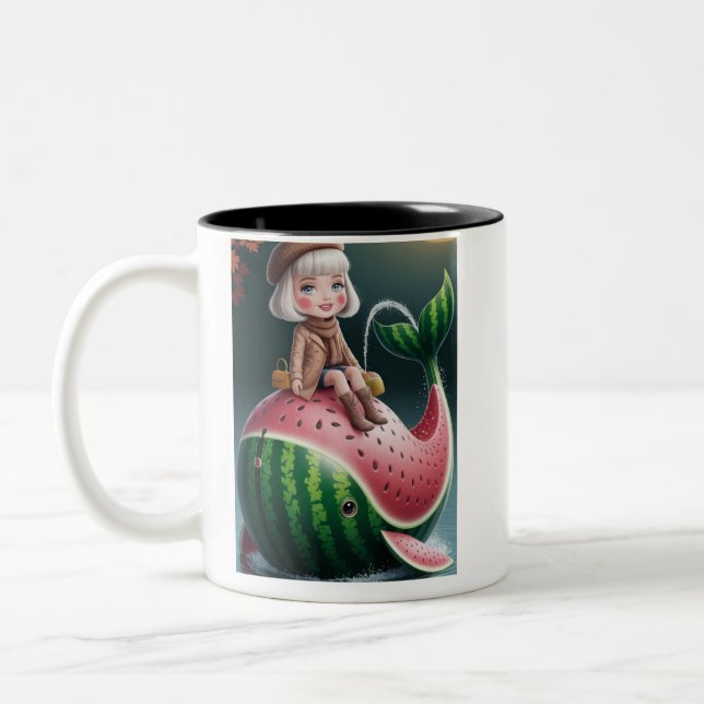 Tasse 2 Couleurs Jolie Fille Chevauchant une Baleine Pastèque (Gauche)