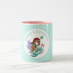 Tasse 2 Couleurs Jolie sirène de Noël en bonnet de Père Noël rose e