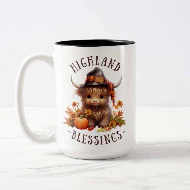Tasse 2 Couleurs Jolie vache Highland Thanksgiving Bénédictions (Gauche)