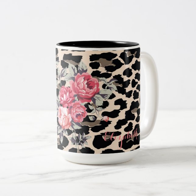 Tasse 2 Couleurs Jolies fleurs modernes sur impression léopard-pers (Devant droit)