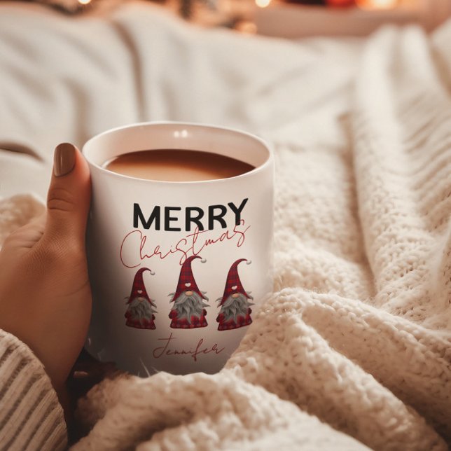 Tasse 2 Couleurs Jolis Gnomes de Noël à Carreaux avec Votre Nom (Créateur téléchargé)