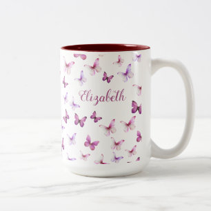 Tasse 2 Couleurs Jolis Papillons Roses Nom Personnalisé