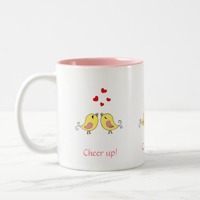 Tasse 2 Couleurs Jolis petits oiseaux, cœurs et calligraphie rose (Gauche)