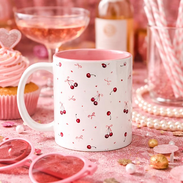 Tasse 2 Couleurs Jolis rubans roses rouges Cerises Cœurs  (Créateur téléchargé)