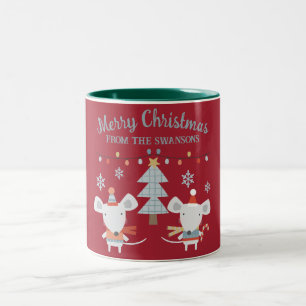 Tasse 2 Couleurs Jolis souris de Noël et arbre sur fond rouge Bourg
