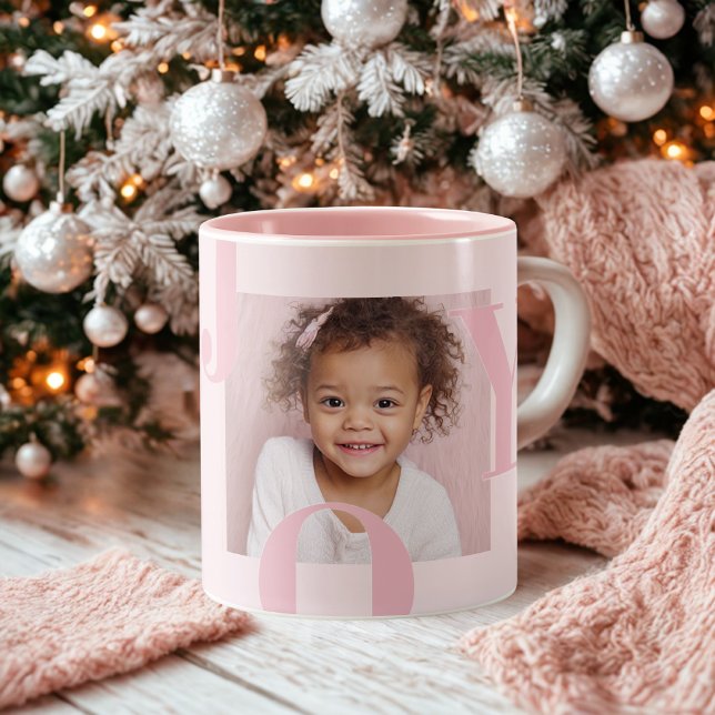 Tasse 2 Couleurs JOY Blush Pink Christmas | Personalized Photo (Créateur téléchargé)