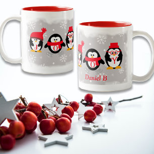 Tasse 2 Couleurs JOY Penguins Noël Nom personnalisé
