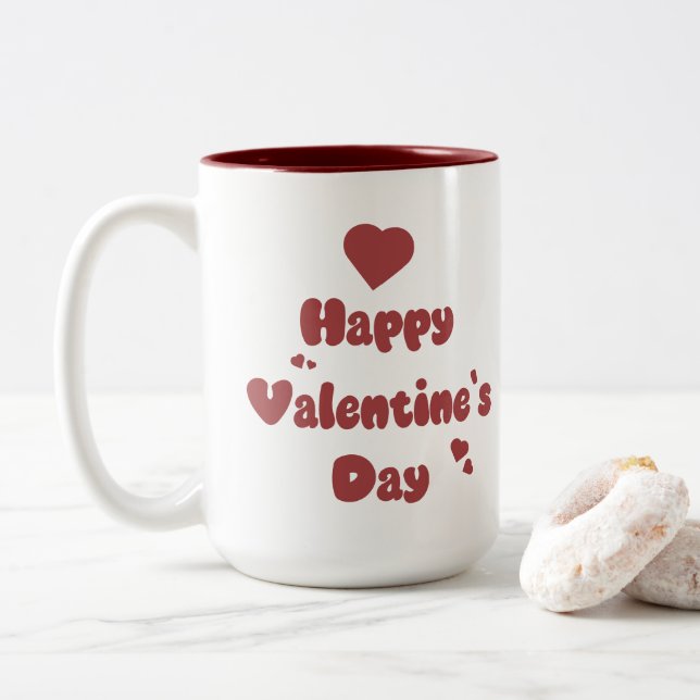 Tasse 2 Couleurs Joyeuse Saint-Valentin Cœurs Mignons (Avec donut)