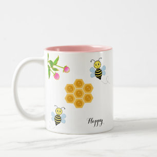 Tasse 2 Couleurs Joyeuses abeilles, fleurs roses et nid d'abeille
