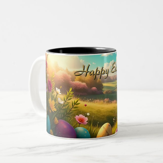 Tasse 2 Couleurs Joyeuses Pâques dans un paysage printanier (Devant gauche)