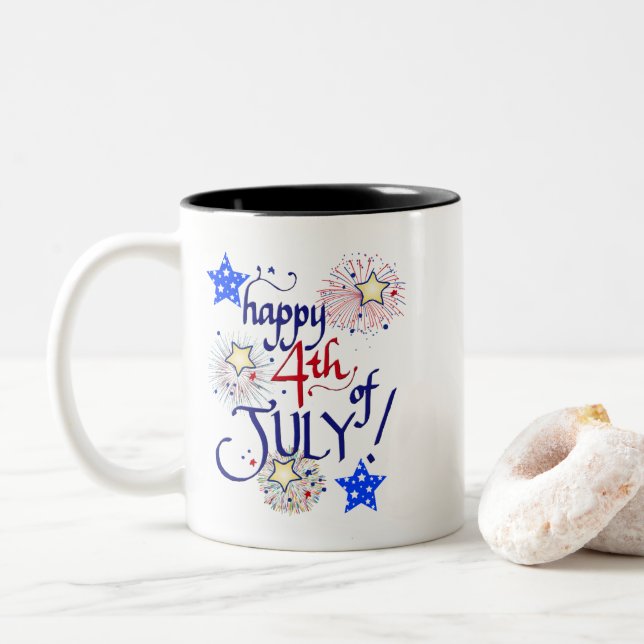 Tasse 2 Couleurs Joyeux 4 juillet ! avec feux d'artifice et étoiles (Avec donut)