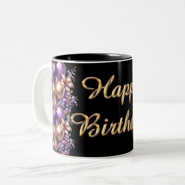 Tasse 2 Couleurs Joyeux anniversaire noir et violet (Devant gauche)