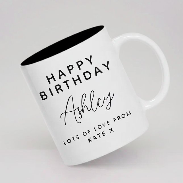 Tasse 2 Couleurs Joyeux Anniversaire | Nom de fête d'anniversaire d (Modern Script Personalized Name Happy Birthday Mug Gift for Her, Him, Mom, Dad, Wife and Friends)