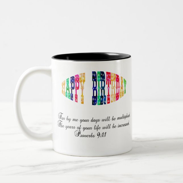 Tasse 2 Couleurs Joyeux Anniversaire Proverbes 9:11 Bible Verse  (Gauche)