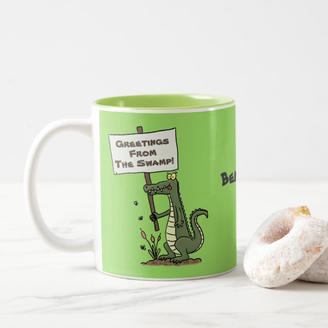 Tasse 2 Couleurs Joyeux crocodile de dessin animé vert avec dessin  (Avec donut)