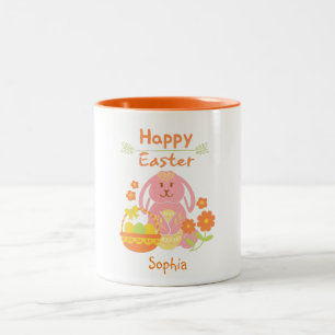 Tasse 2 Couleurs Joyeux lapin rose de Pâques et fleurs