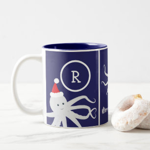 Tasse 2 Couleurs Joyeux Monogramme de Noël Octopus Santa Hat Bleu