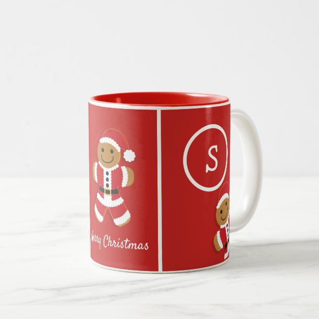 Tasse 2 Couleurs Joyeux Monogramme de Noël Pain d'épice Père Noël R (Devant droit)