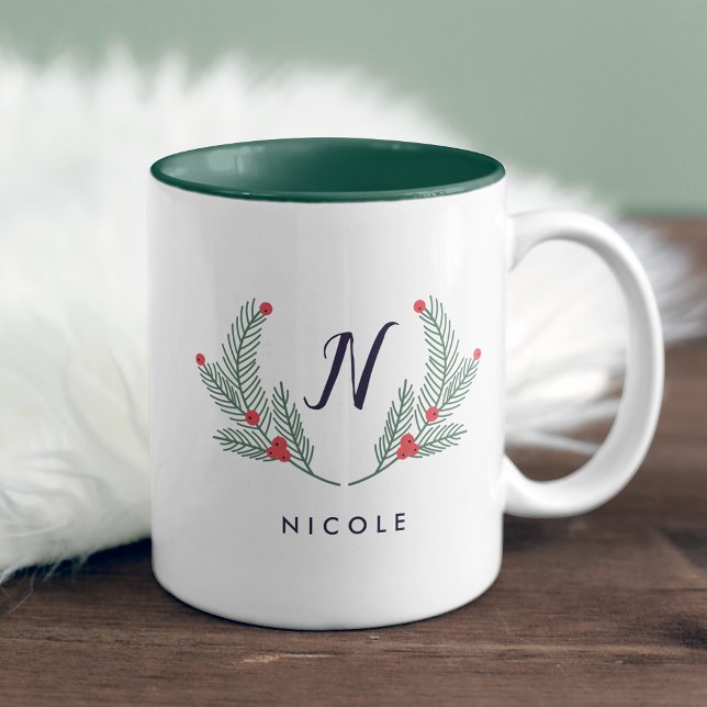 Tasse 2 Couleurs Joyeux Monogramme de vacances Foliage (Créateur téléchargé)