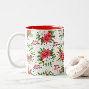 Tasse 2 Couleurs Joyeux Noël au poinsettia aquarelle élégant