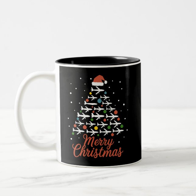 Tasse 2 Couleurs Joyeux Noël Avion Vacances Arbre (Gauche)