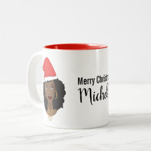 Tasse 2 Couleurs Joyeux Noël! Femme noire, chapeau de Père Noël rou