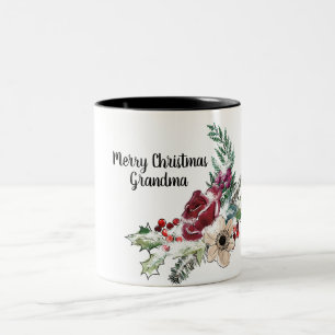 Tasse 2 Couleurs Joyeux Noël Grand-mère Holly Berry Floral