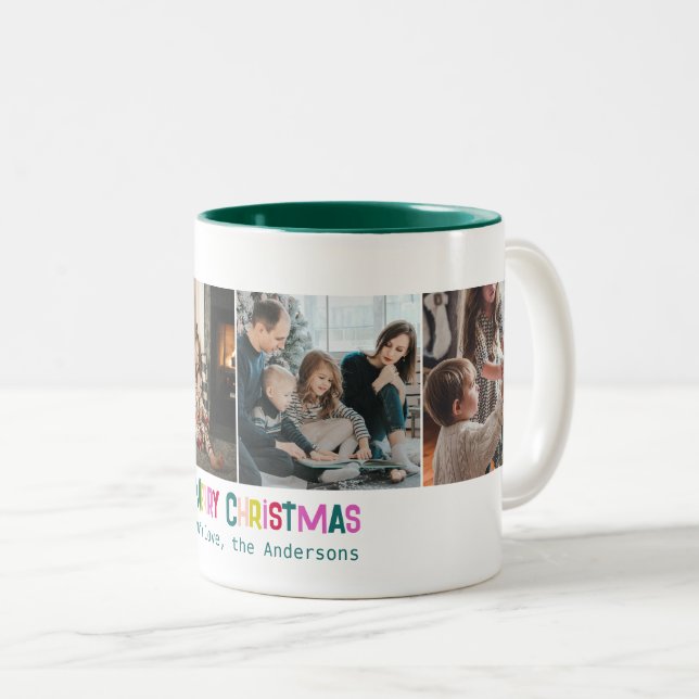 Tasse 2 Couleurs Joyeux Noël Joyeux et lumineux 4 Pin Photo Vert (Devant droit)