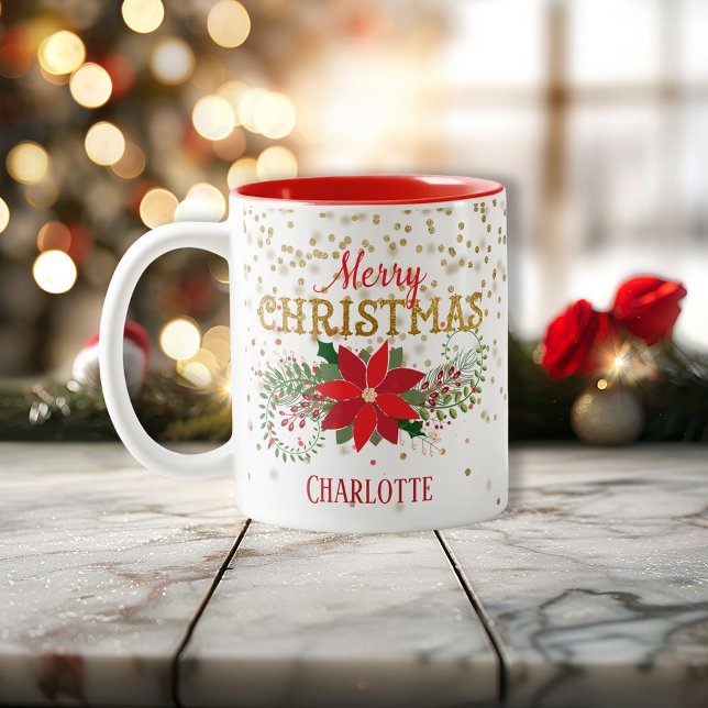 Tasse 2 Couleurs Joyeux Noël Parties scintillant or Poinsettia (Merry Christmas Gold Glitter Poinsettia Two-Tone Coffee Mug)