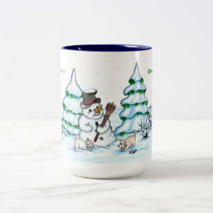 Tasse 2 Couleurs Joyeux Noël ! Snowman avec chat et chiot