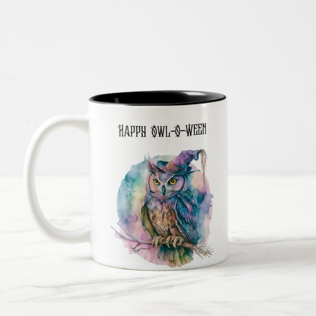Tasse 2 Couleurs Joyeux Owl-O-Ween Chouette Créatif Épouvantable Ha (Gauche)