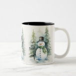 Tasse 2 Couleurs Joyeux Snowman<br><div class="desc">Un joyeux bonhomme de neige debout dans un pays merveilleux d'hiver enneigé, entouré de lumières scintillantes de Noël et de décorations festives. Le bonhomme de neige porte une écharpe rouge vif, un chapeau noir orné de sainte, et un large et joyeux sourire. Il tient un sucre de canne dans une...</div>