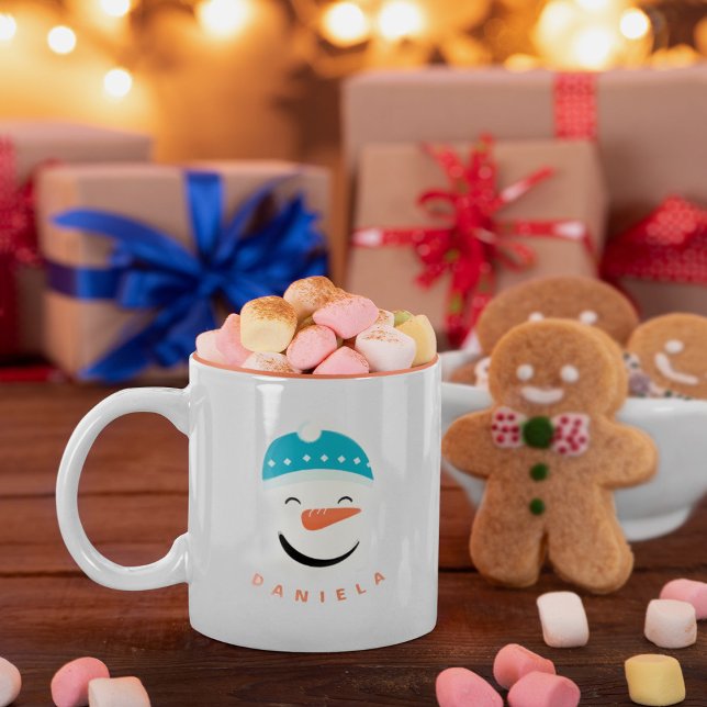 Tasse 2 Couleurs Joyeux Snowman visage texte personnalisé (Créateur téléchargé)