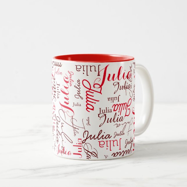 Tasse 2 Couleurs Julia Custom Red Script Nom répétant partout (Devant droit)
