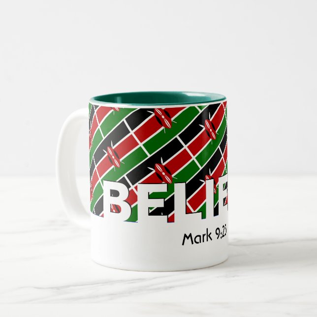 Tasse 2 Couleurs KENYA FLAG Christian CROIRE Mark 9:23 Custom (Devant gauche)