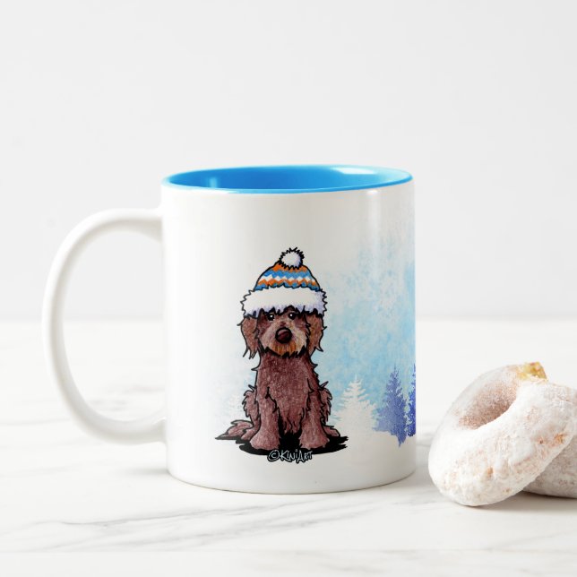 Tasse 2 Couleurs KiniArt Chocolat d'Hiver Doodle Chien (Avec donut)