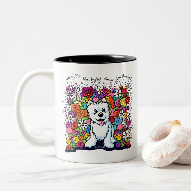Tasse 2 Couleurs KiniArt Westie Joyful Garden (Avec donut)