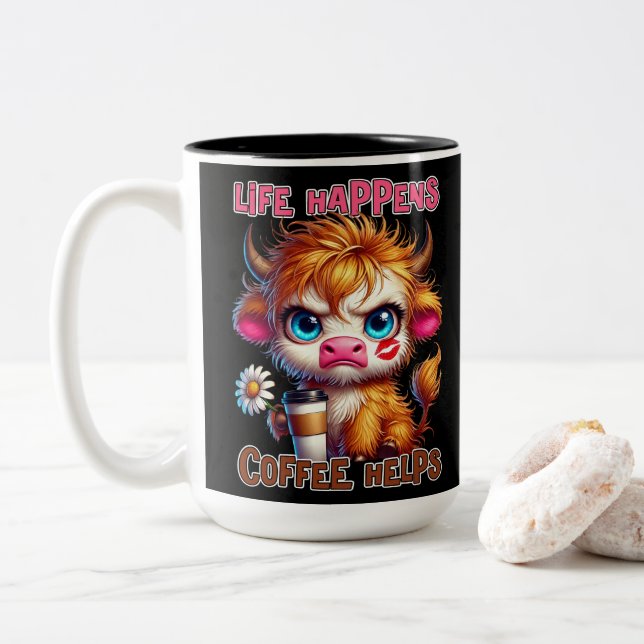 Tasse 2 Couleurs La vie arrive, le café aide  (Avec donut)