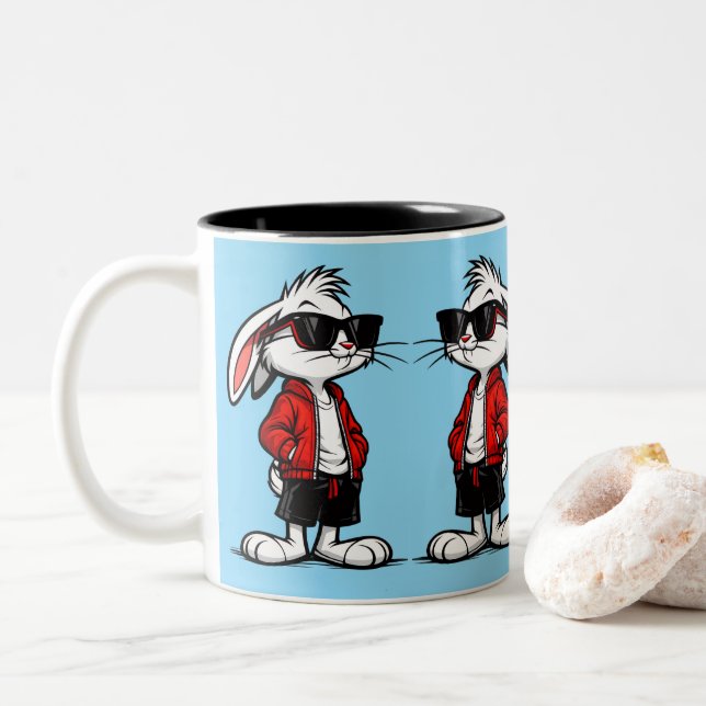 Tasse 2 Couleurs Lapin Blanc Cool en Veste Rouge (Avec donut)