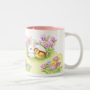 Tasse 2 Couleurs Lapin, caneton et fleurs de Pâques