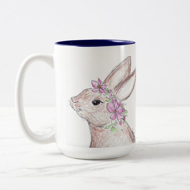 Tasse 2 Couleurs Lapin de Pâques avec Couronne de Fleurs ! (Marine) (Gauche)