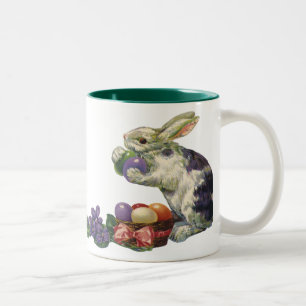 Tasse 2 Couleurs Lapin de Pâques victorien vintage, fleurs et oeufs