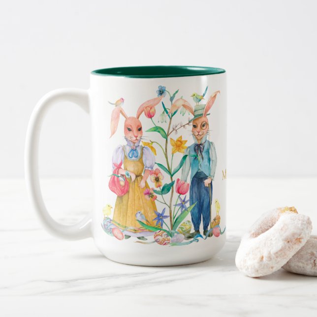 Tasse 2 Couleurs Lapin Mignonne de Pâques lapins Fleurs de Printemp (Avec donut)