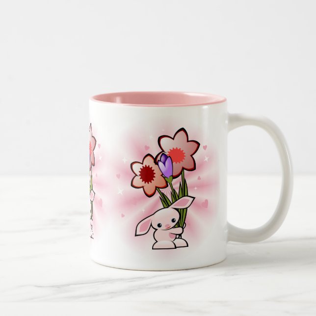 Tasse 2 Couleurs Lapin rose mignon avec des fleurs (Droit)