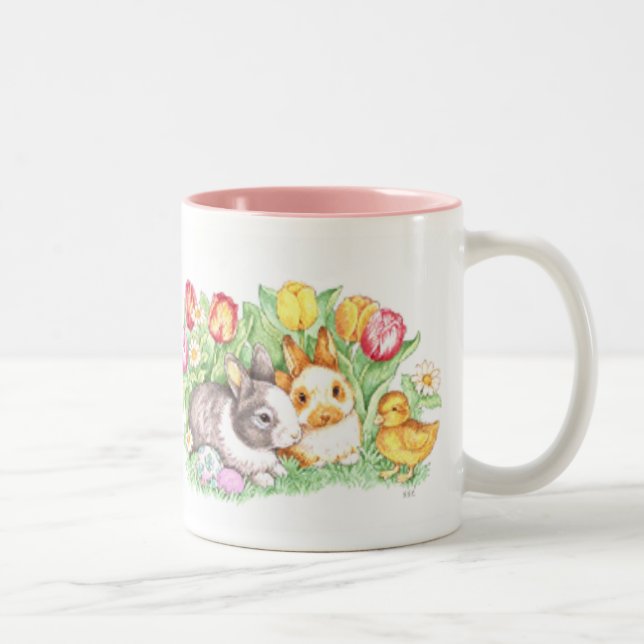 Tasse 2 Couleurs Lapins, caneton et tulipes de Pâques (Droit)